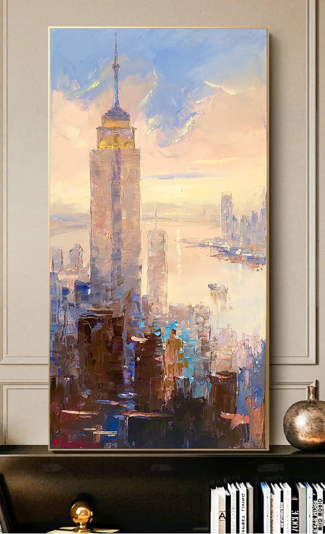 a painting of a cityscape in a living room