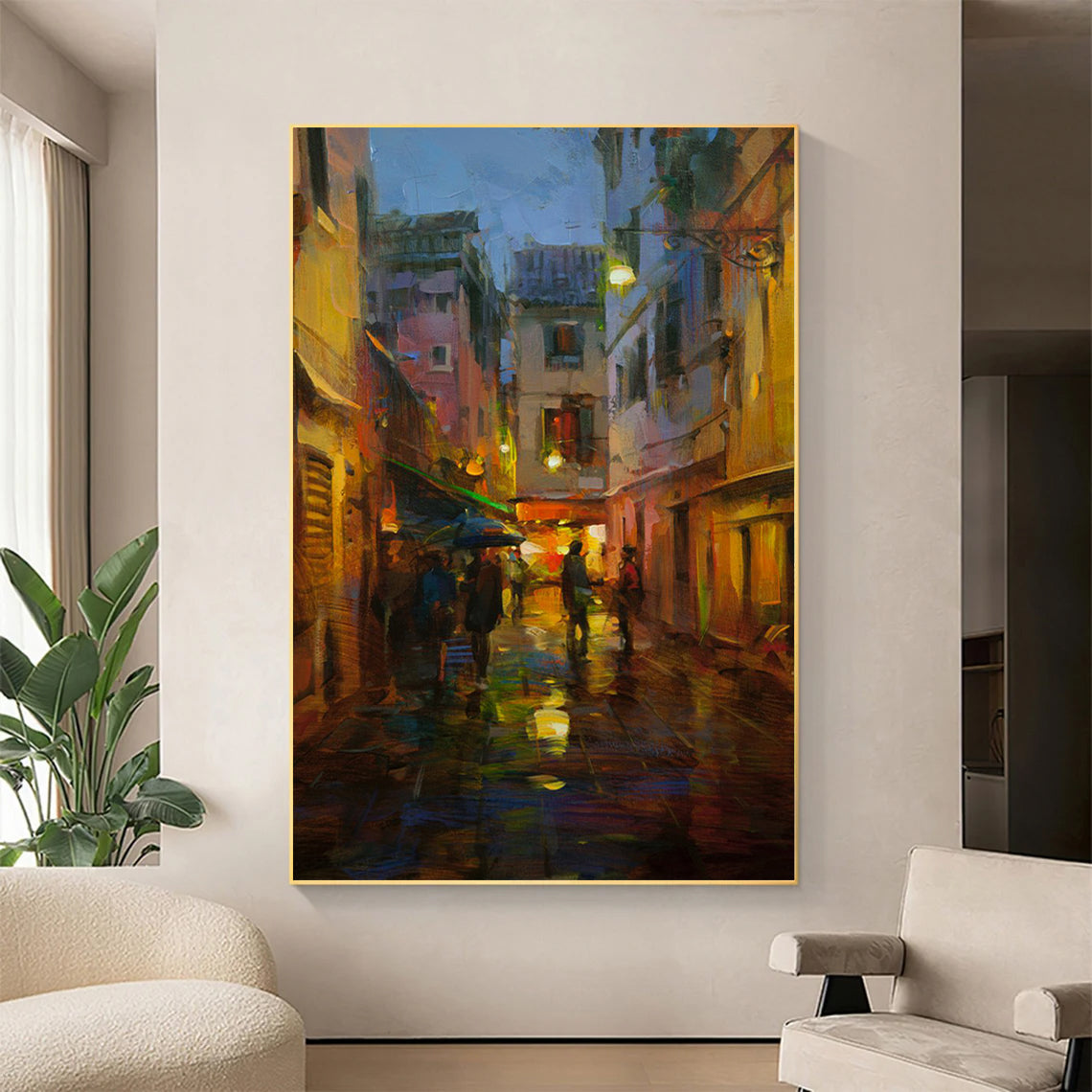 a painting of people walking down a street at night