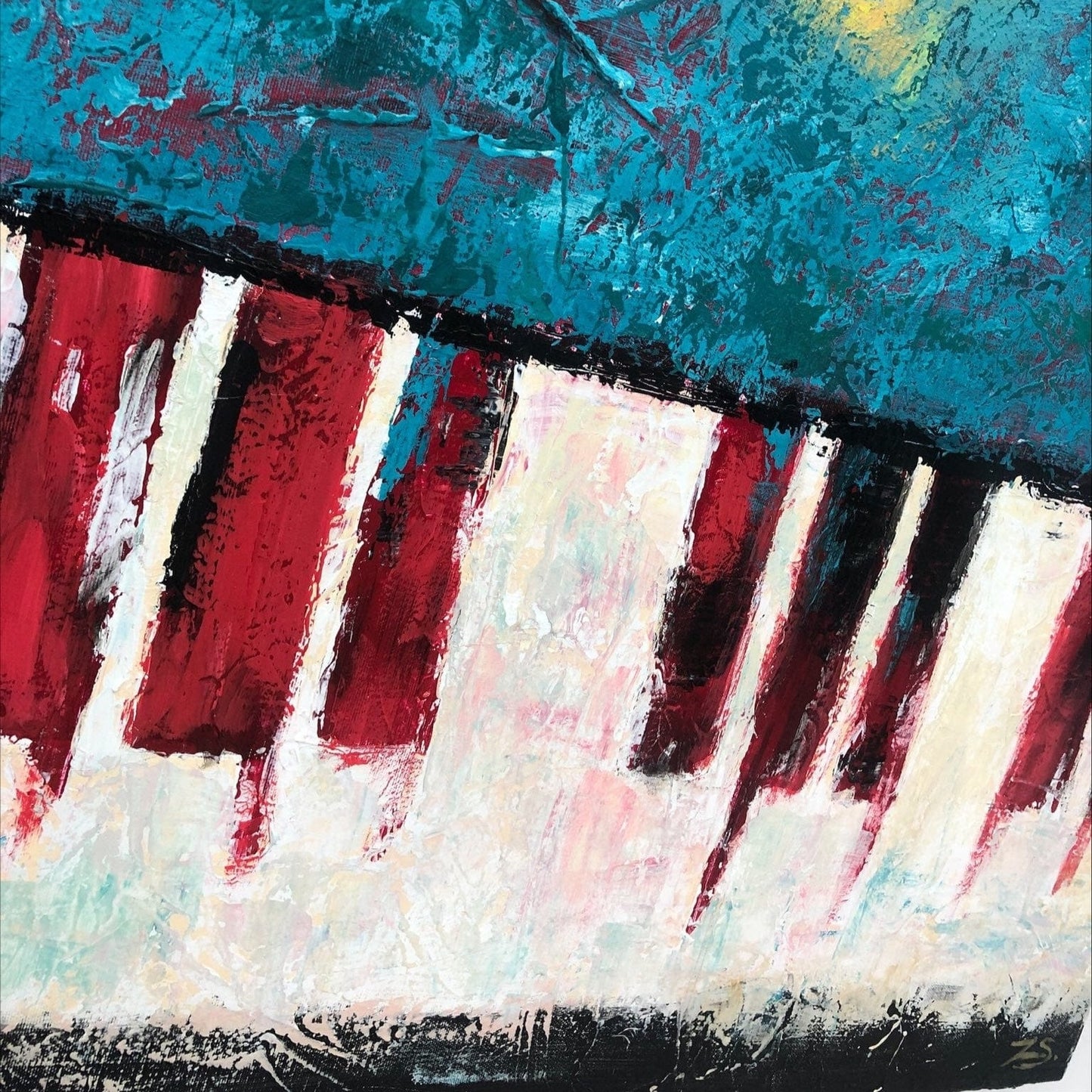 The image is an abstract painting featuring bold, vibrant colors and brushstrokes, creating a dynamic and energetic composition.