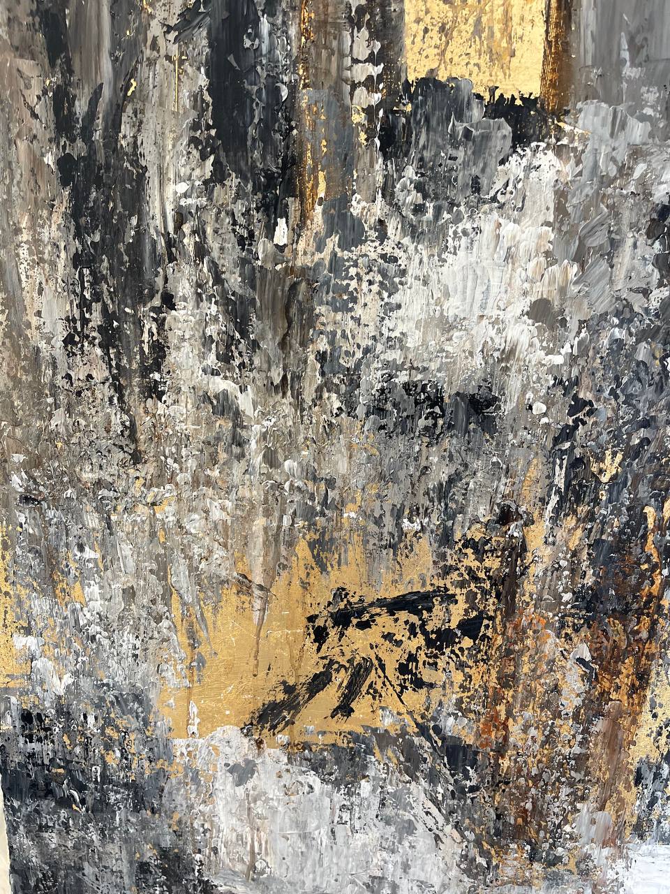 an abstract painting with black, white, and yellow colors