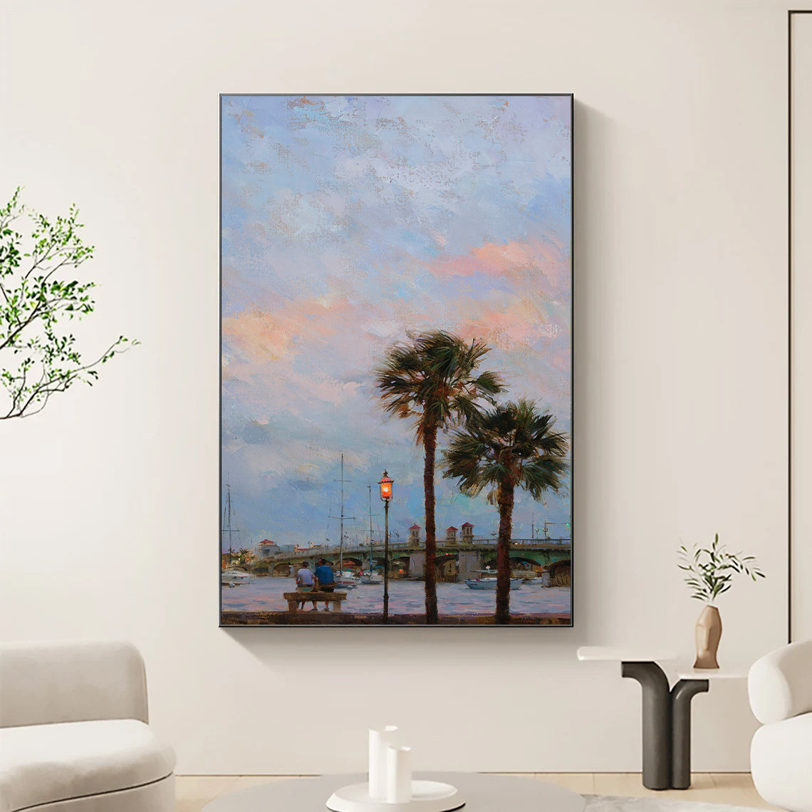 a painting of palm trees in a living room