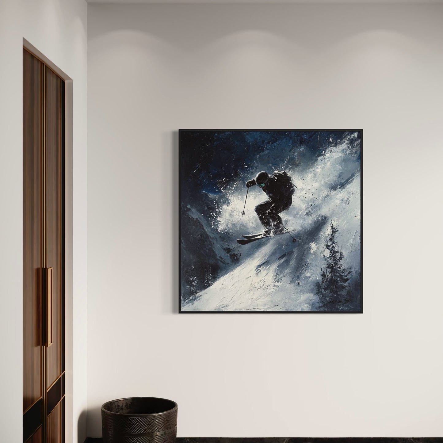 a painting of a skier on a snowy mountain