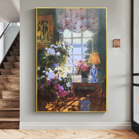 a painting of flowers in a vase on a wall