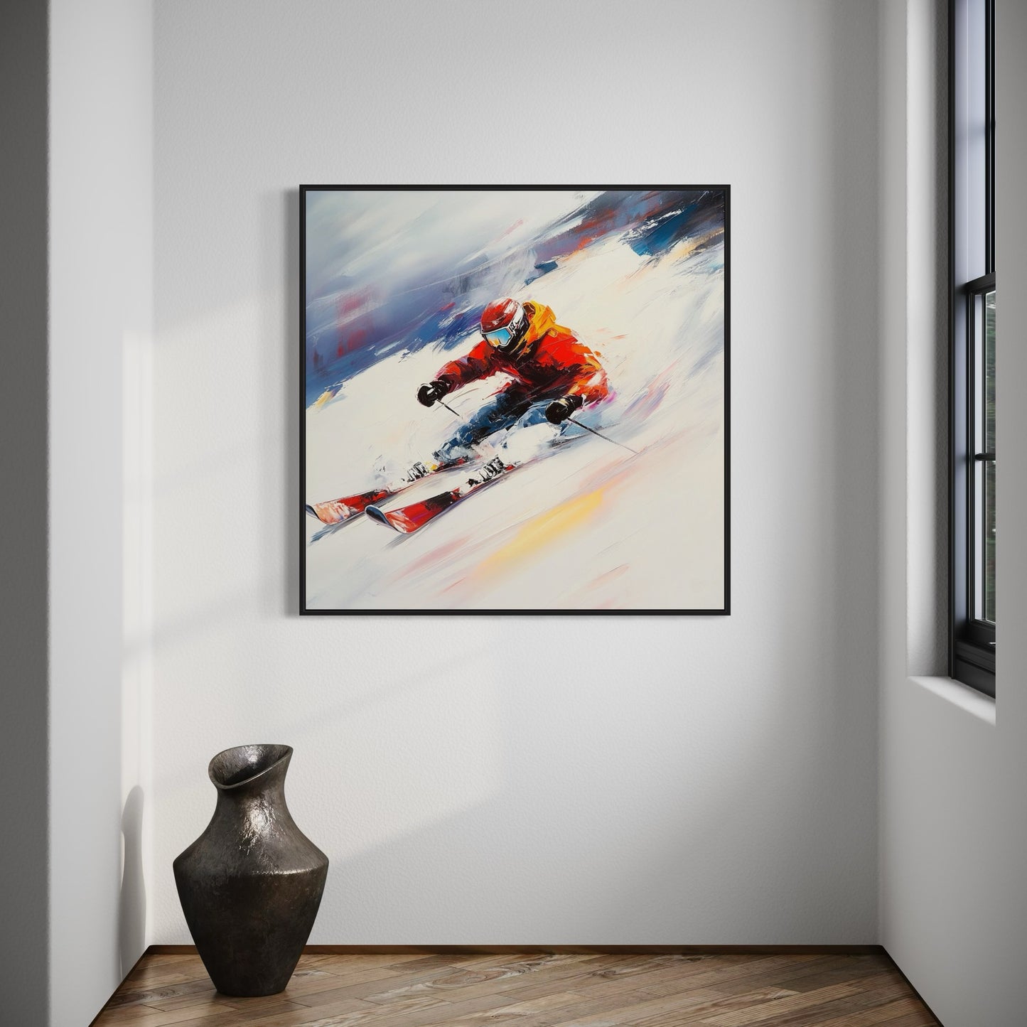 a painting of a skier on a snowy mountain