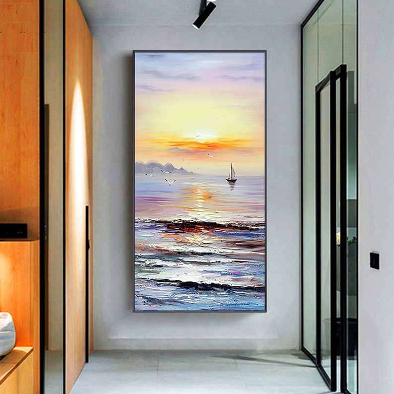 a painting of a sailboat in the ocean at sunset