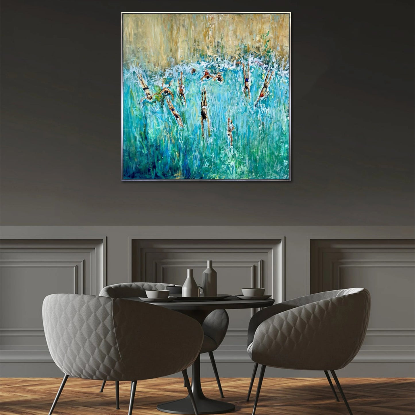 a modern dining room with a large abstract painting hanging on the wall above a table with four chairs.