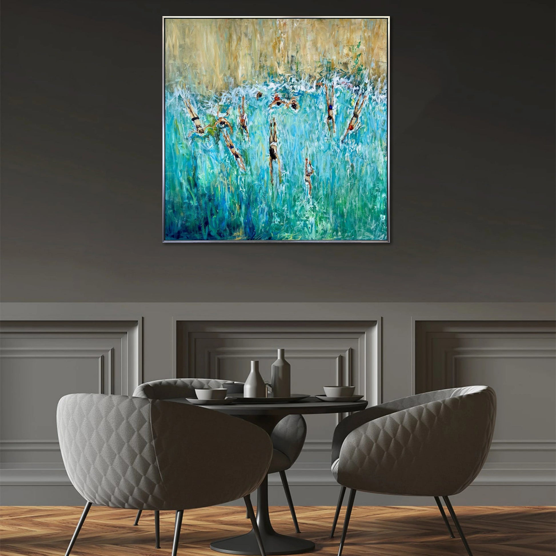 a modern dining room with a large abstract painting hanging on the wall above a table with four chairs.