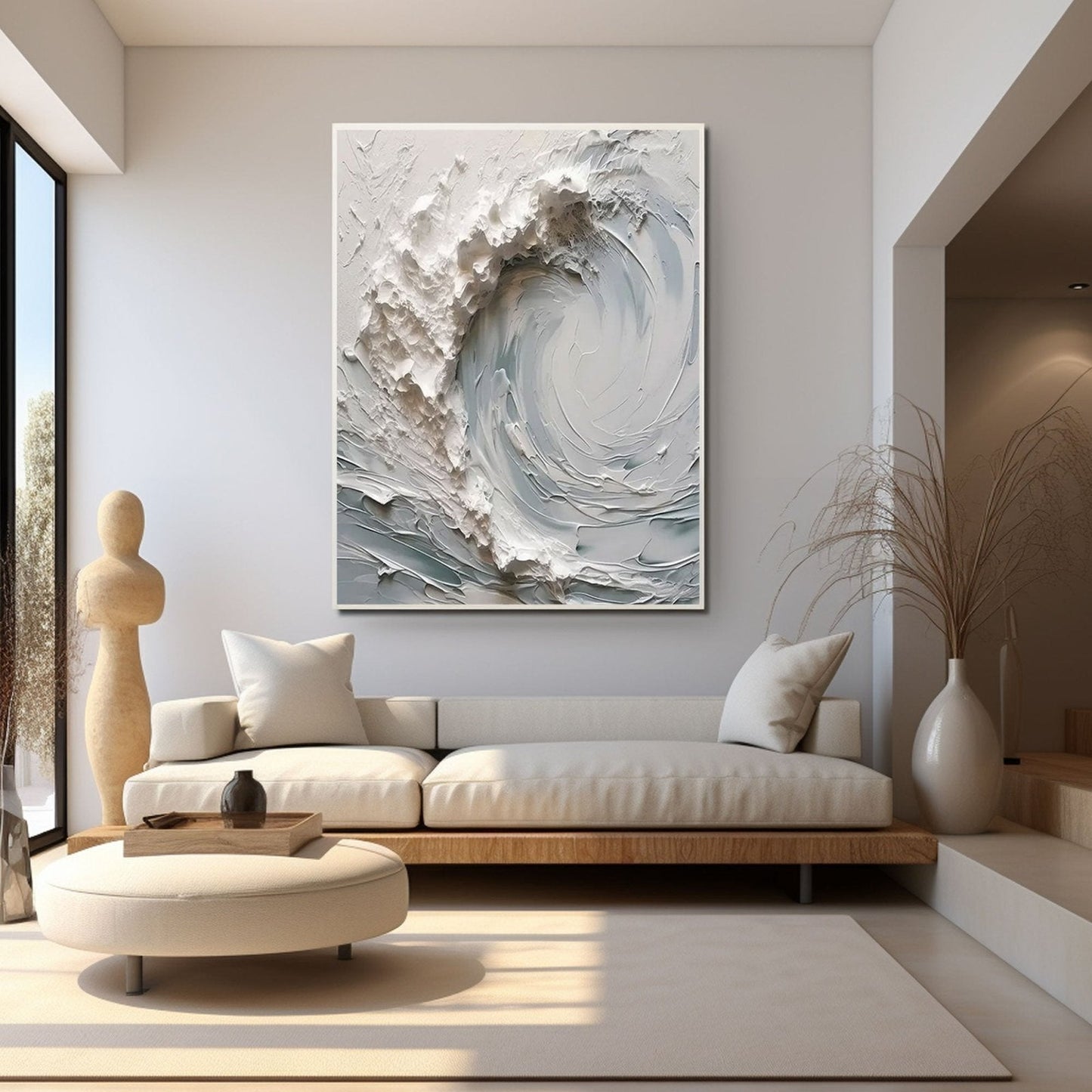 a modern living room with a large abstract painting of a wave on the wall, a white sofa, a wooden coffee table, and a vase with dried plants.