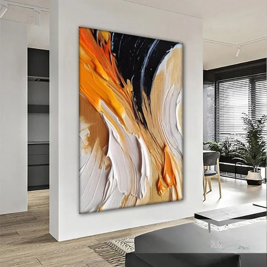 a large abstract painting with bold, vibrant colors and dynamic brushstrokes, hanging on a white wall in a modern living room setting.