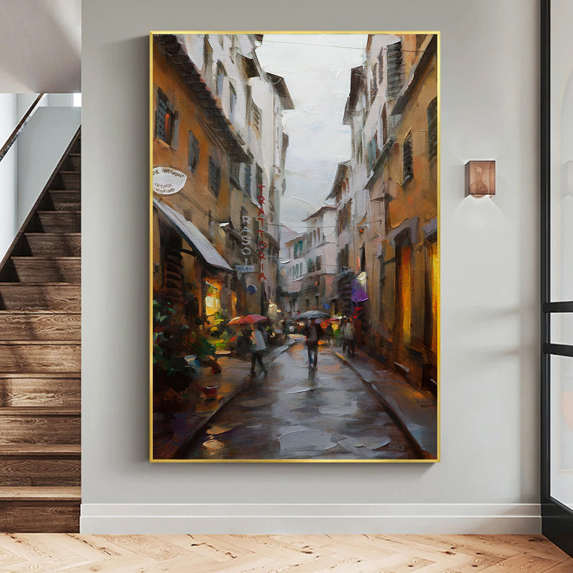 a painting of people walking down a city street