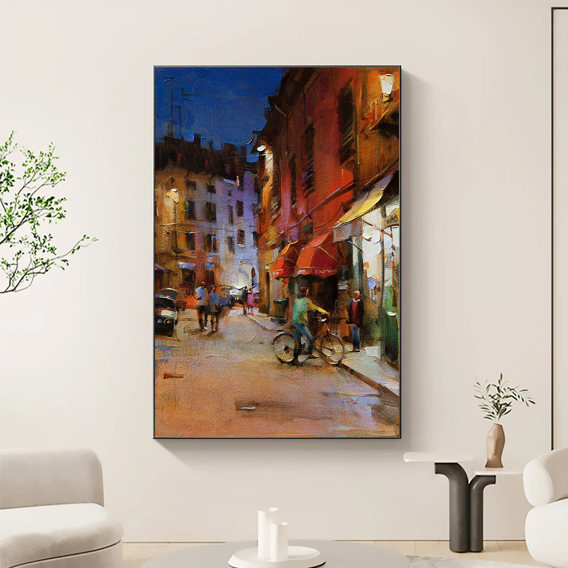 a painting of a city street at night