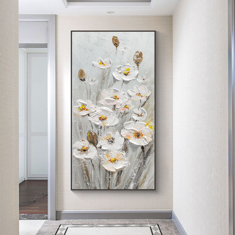 a painting of white flowers in a hallway