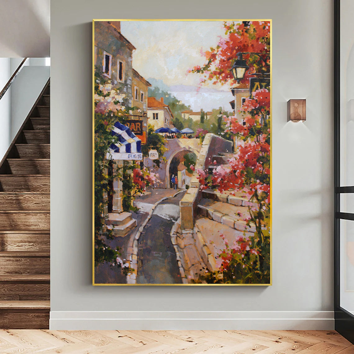 a painting hanging on the wall of a house