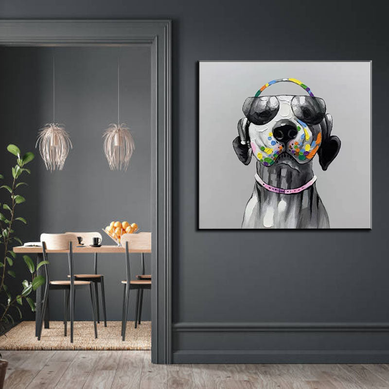 a painting of a dog wearing a colorful headband