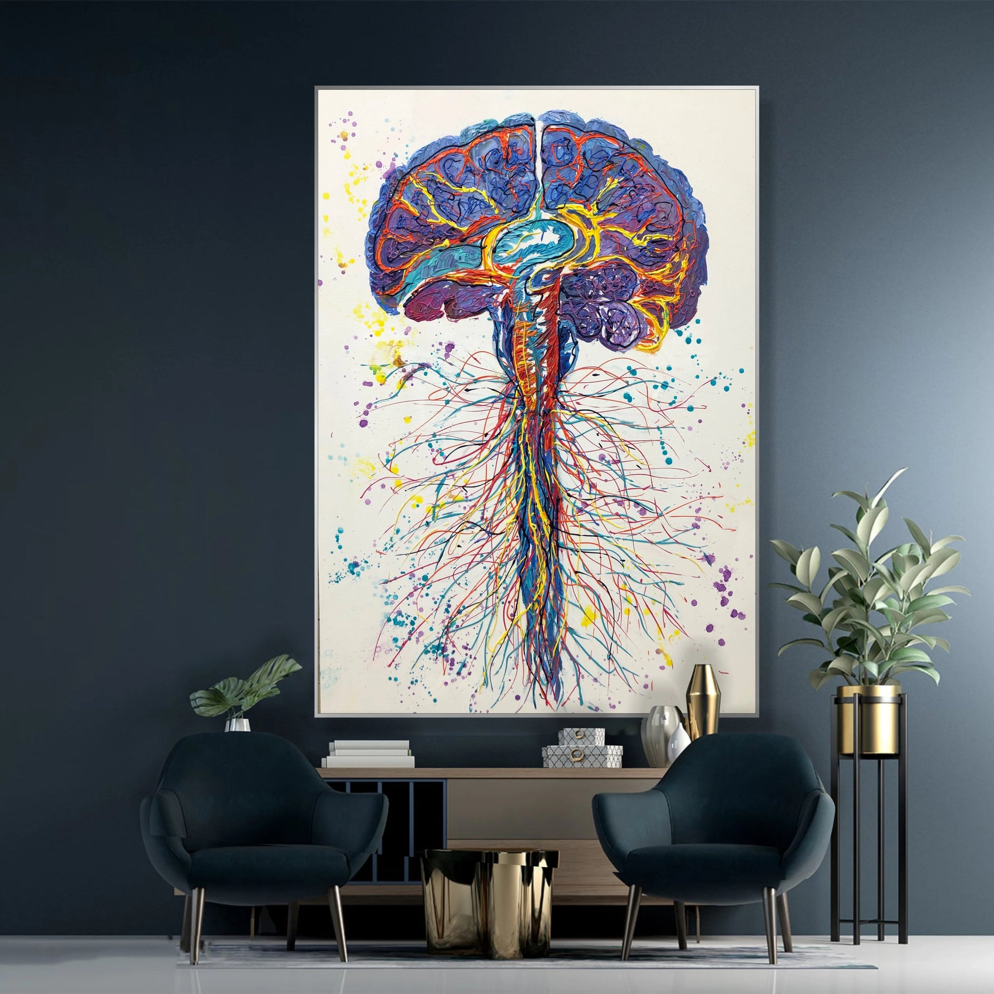a large, colorful painting of a brain with intricate patterns and splashes of color, hanging on a wall in a room with two blue chairs and a potted plant.