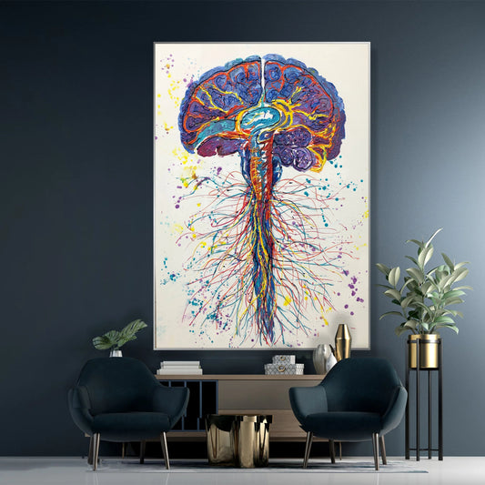 a large, colorful painting of a brain with intricate patterns and splashes of color, hanging on a wall in a room with two blue chairs and a potted plant.