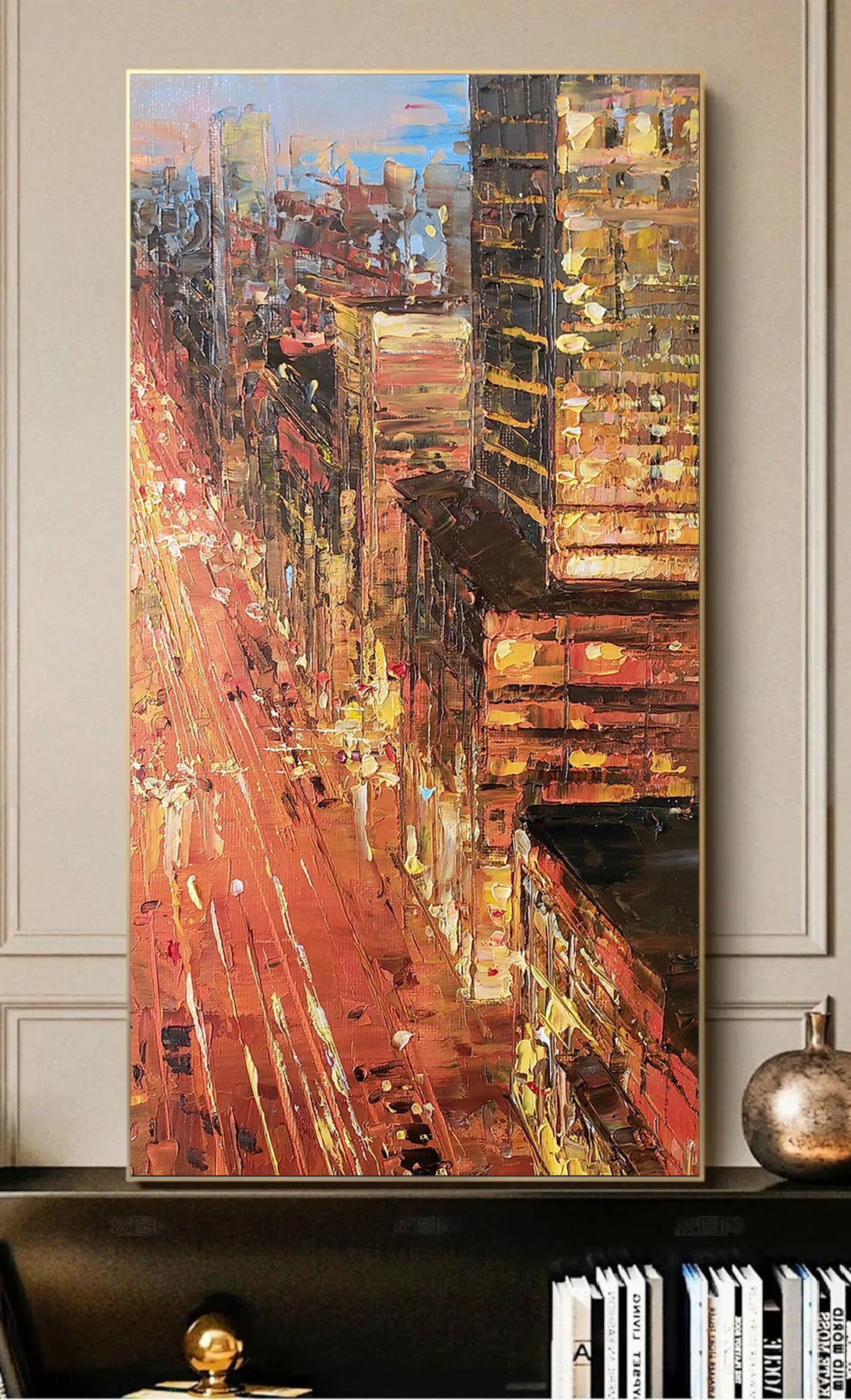 a painting of a city street at night