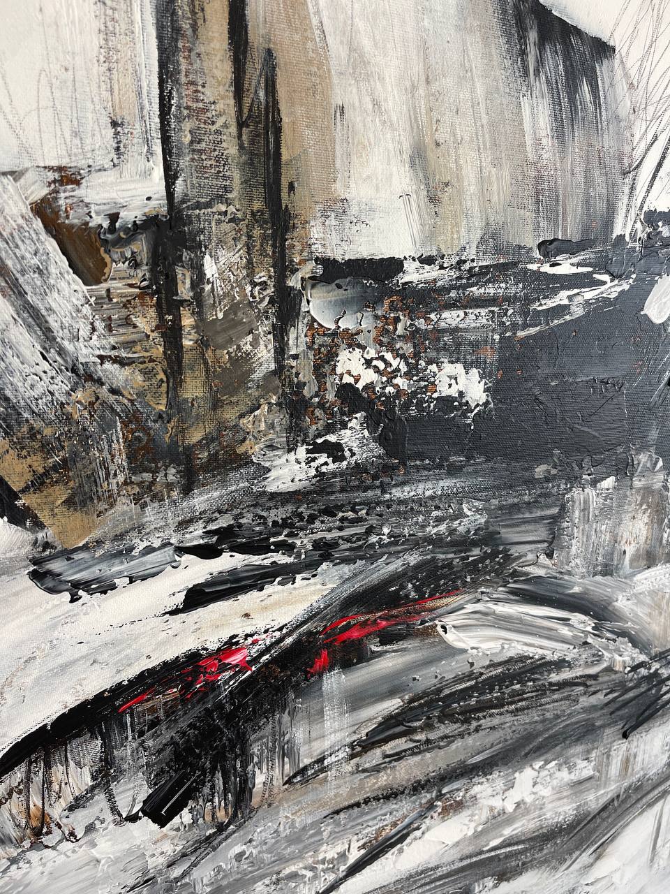 an abstract painting with black and white colors