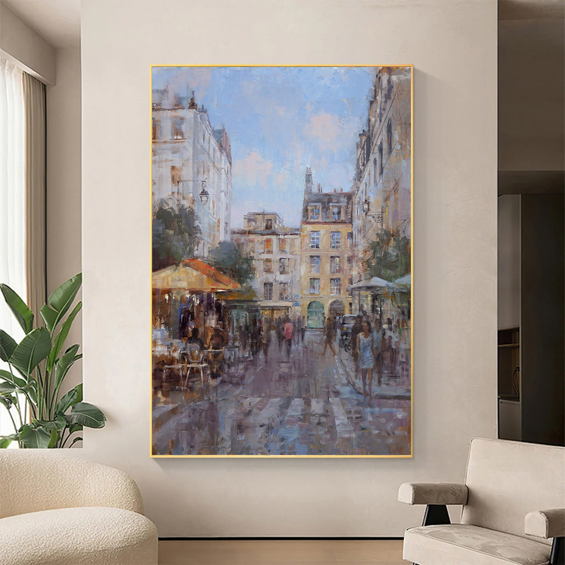 a painting of a city street with people walking