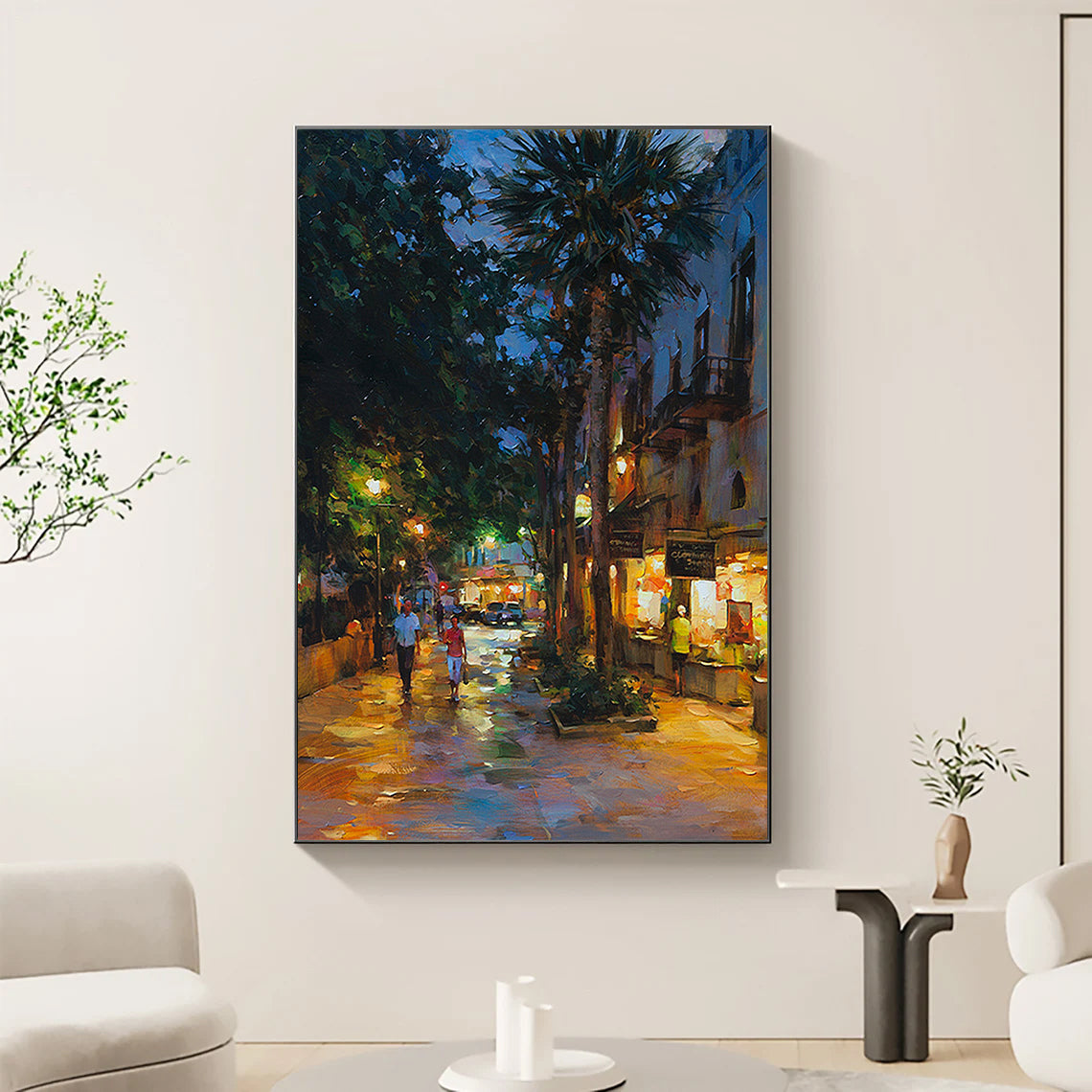 a painting of a city street at night