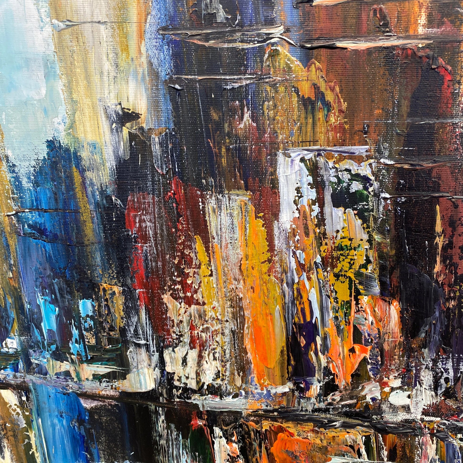 The image is an abstract painting with a vibrant mix of colors and brushstrokes, creating a dynamic and energetic composition.