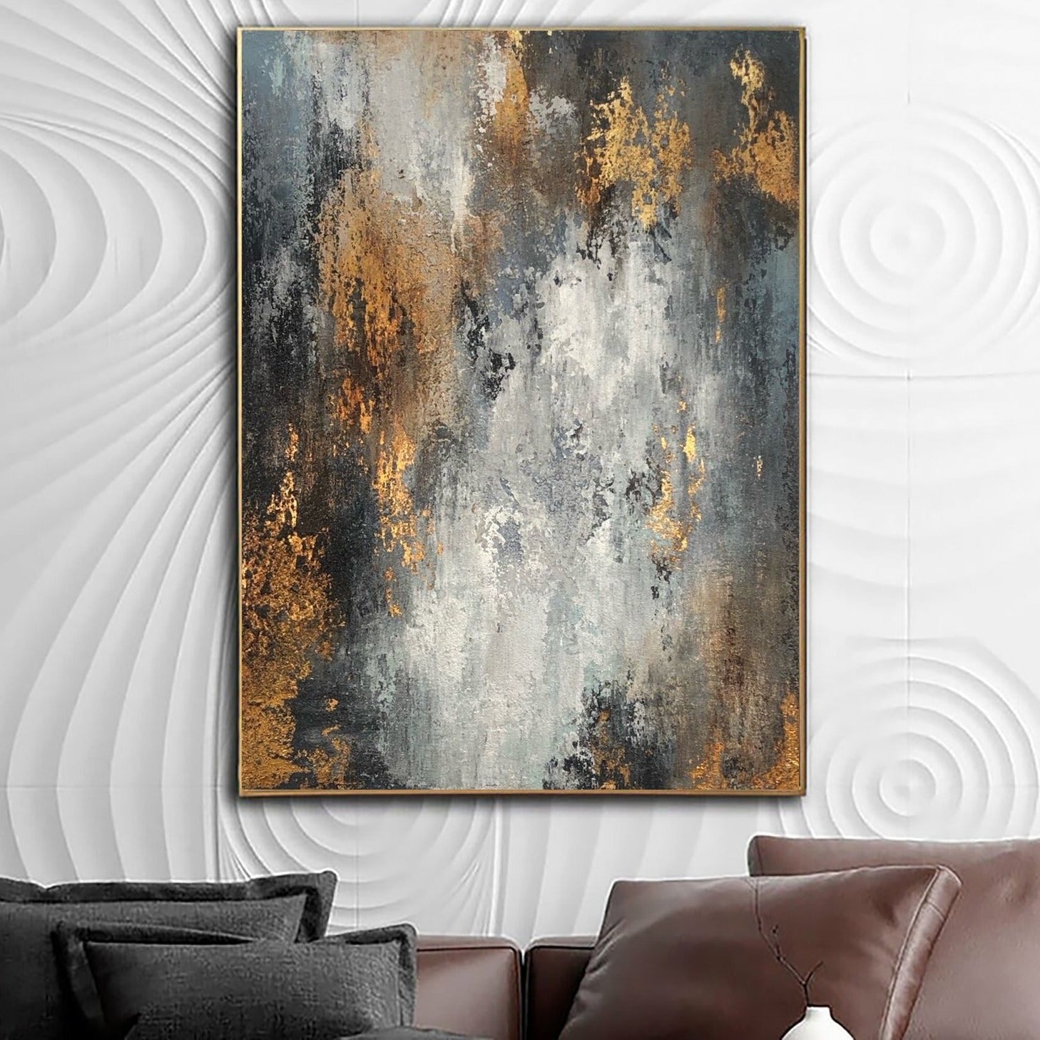 a large abstract painting hanging on a wall, with a modern and minimalist design.