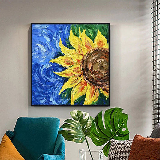 a painting of a sunflower in a living room