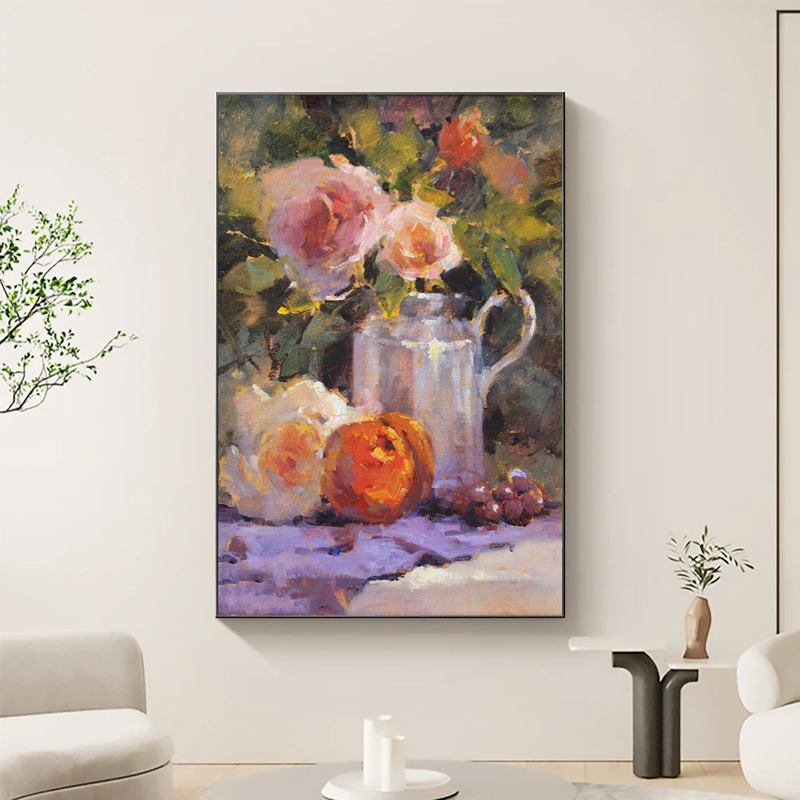 a painting of flowers in a vase on a table