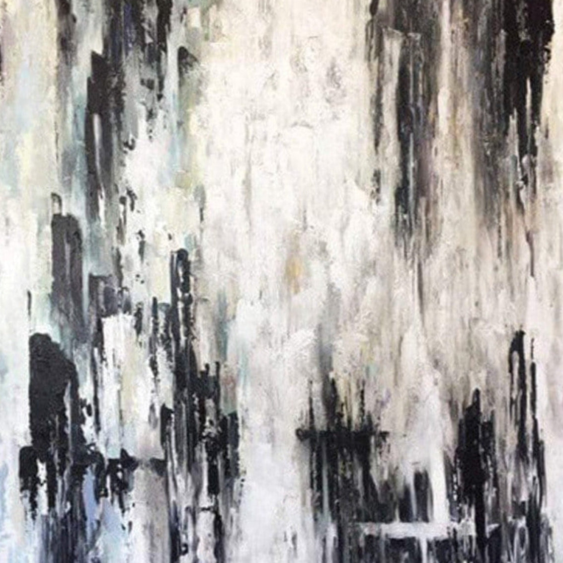 The image is an abstract painting with a predominantly black and white color scheme, featuring bold brushstrokes and a sense of movement and energy.