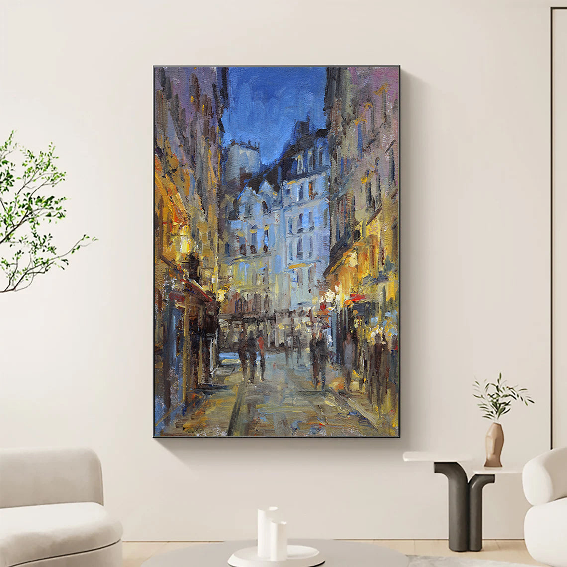 a painting of a city street at night