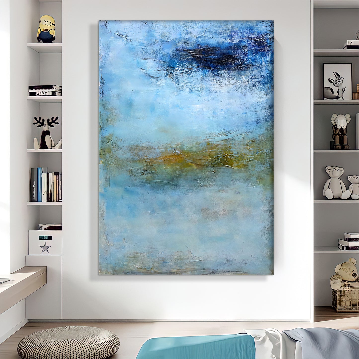 a painting hanging on a wall in a living room