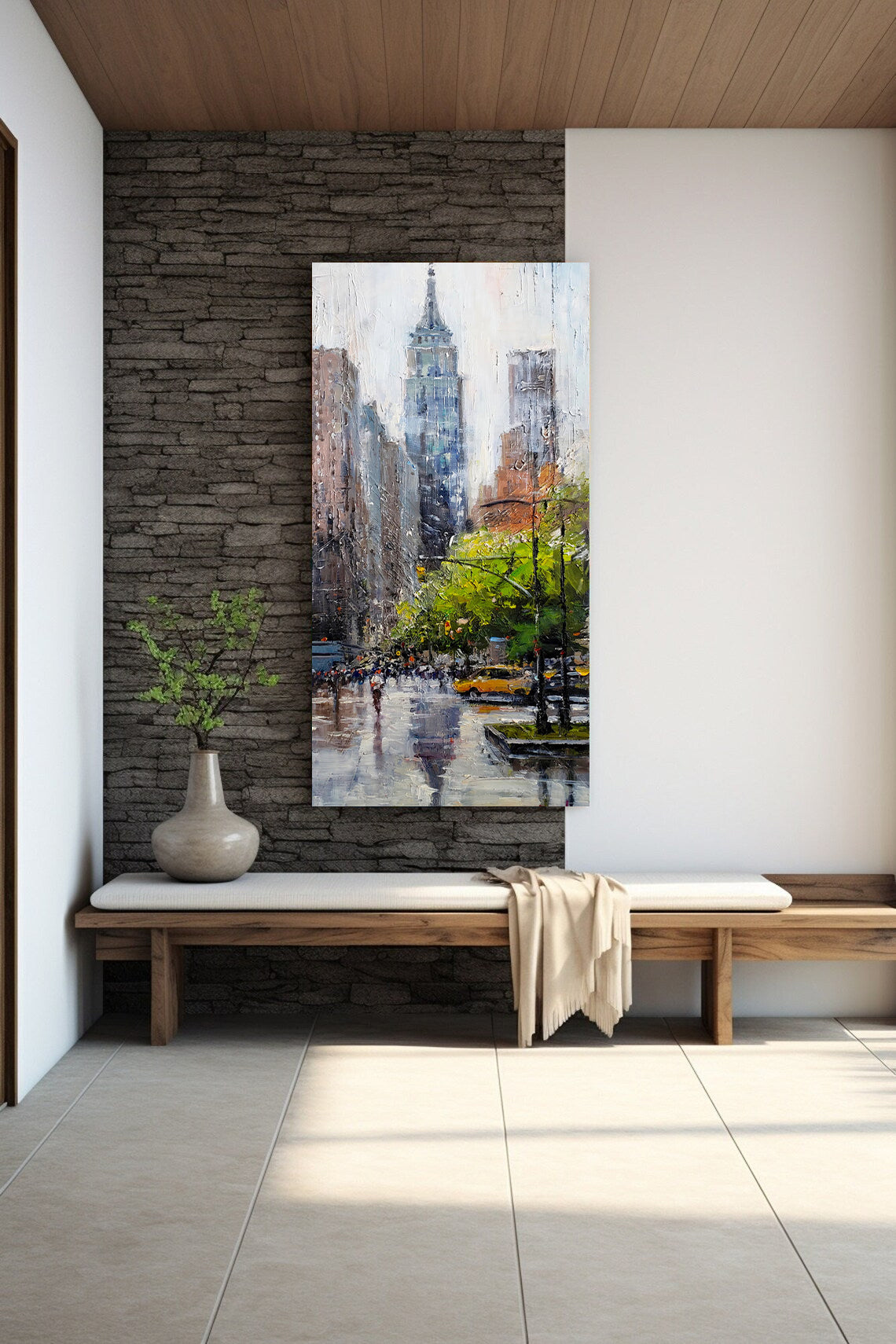 a painting of a cityscape with a bench in the foreground