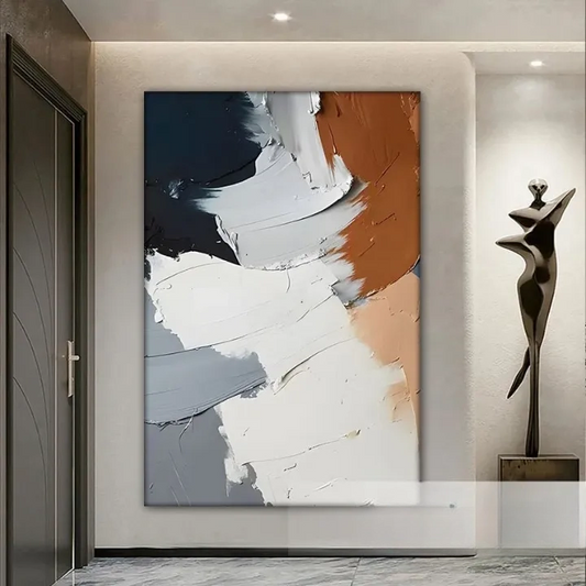a large abstract painting hanging on a wall, with a sculpture to the right of it.