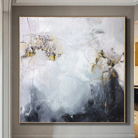 a large abstract painting hanging on a wall.