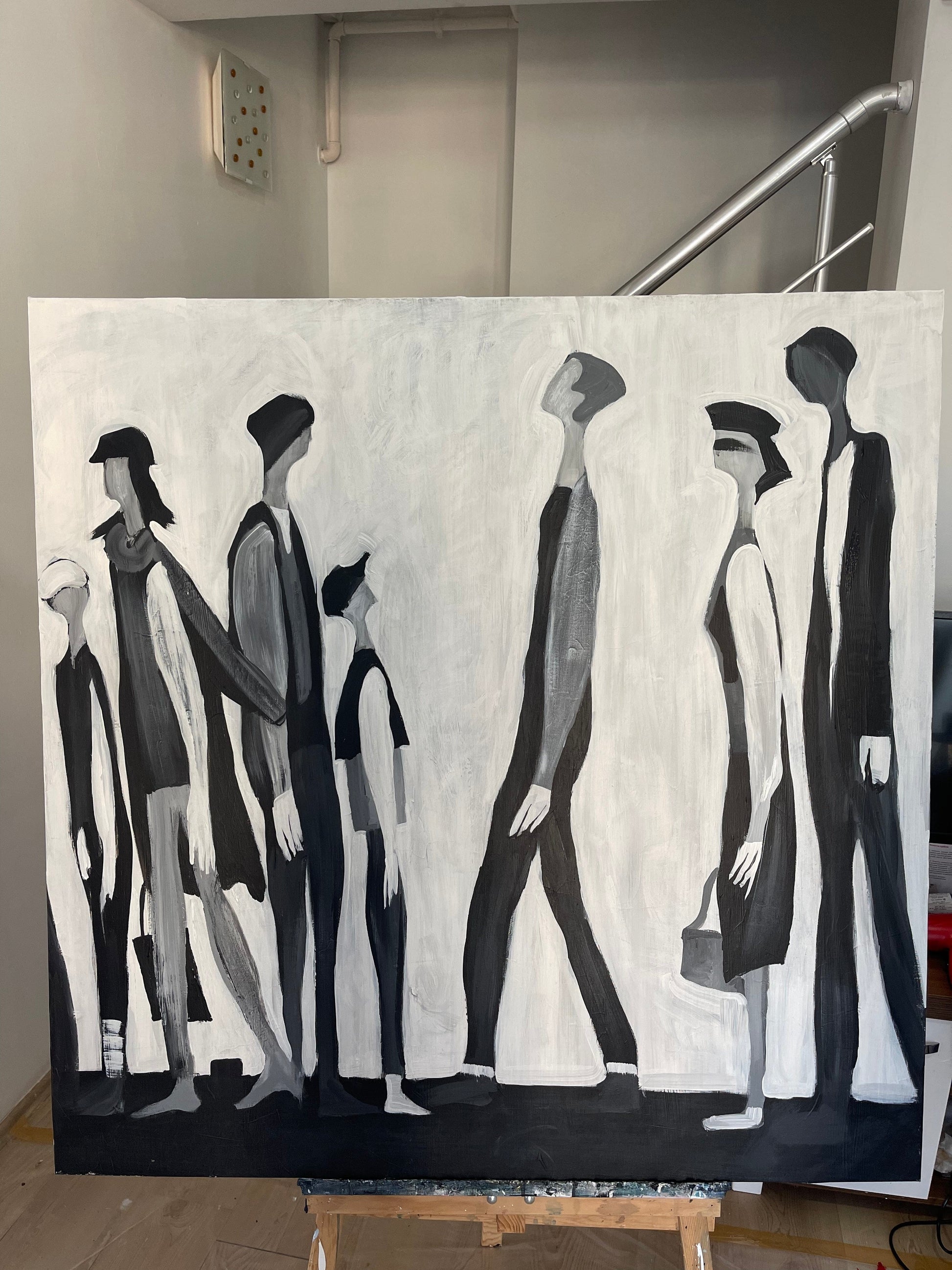 a painting of a group of people walking down a street