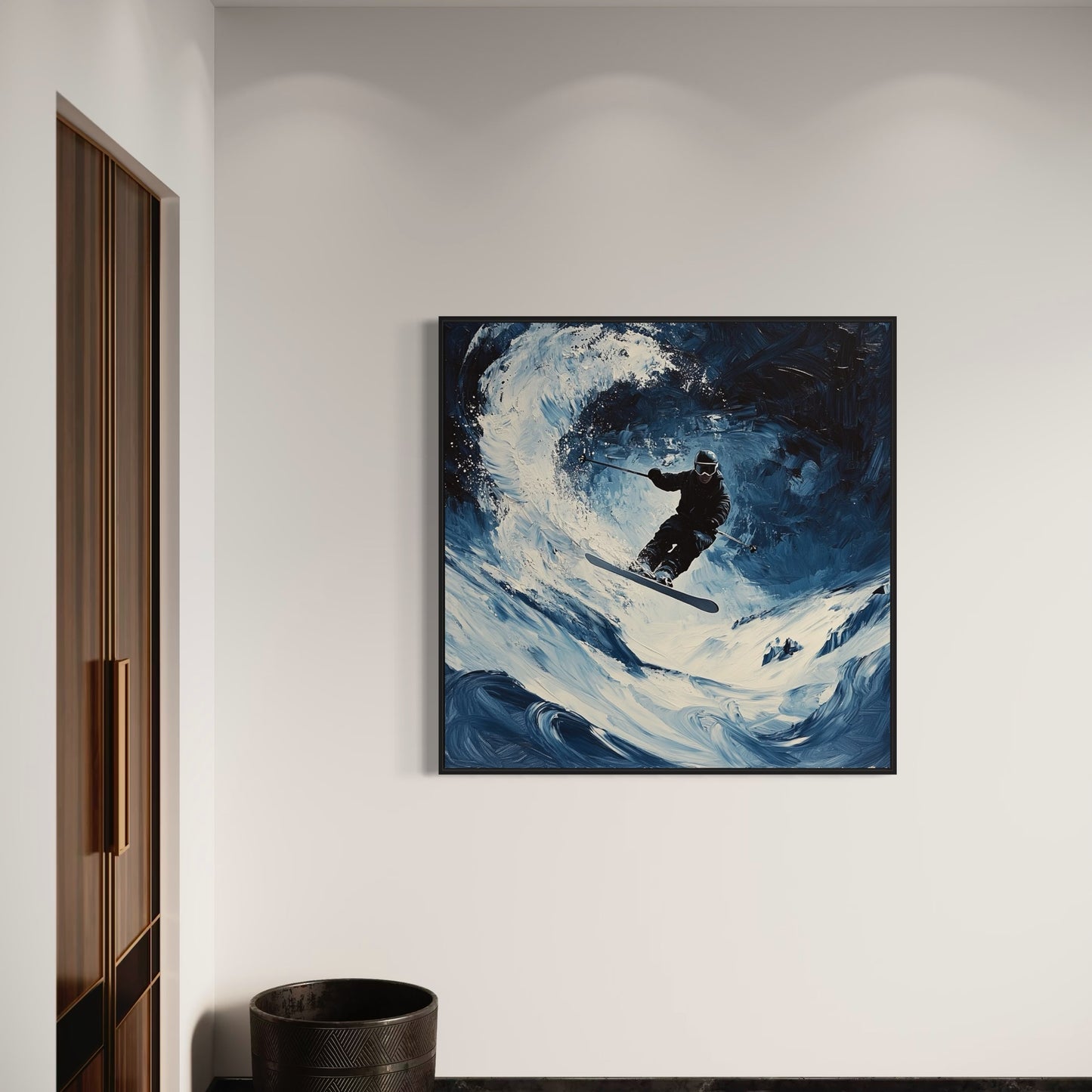 a painting of a person on a snowboard in the middle of a wave