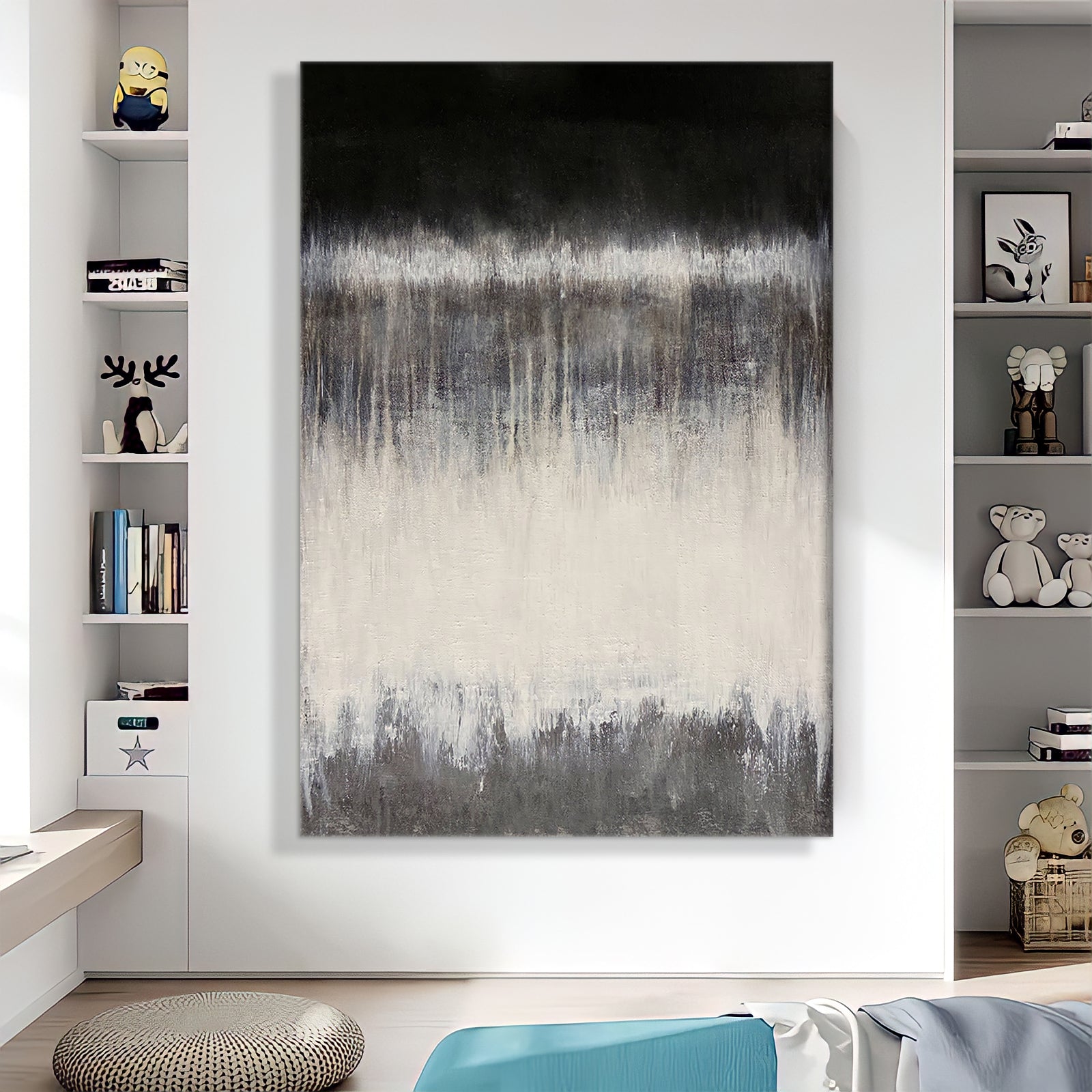 a large painting hanging on a wall in a living room