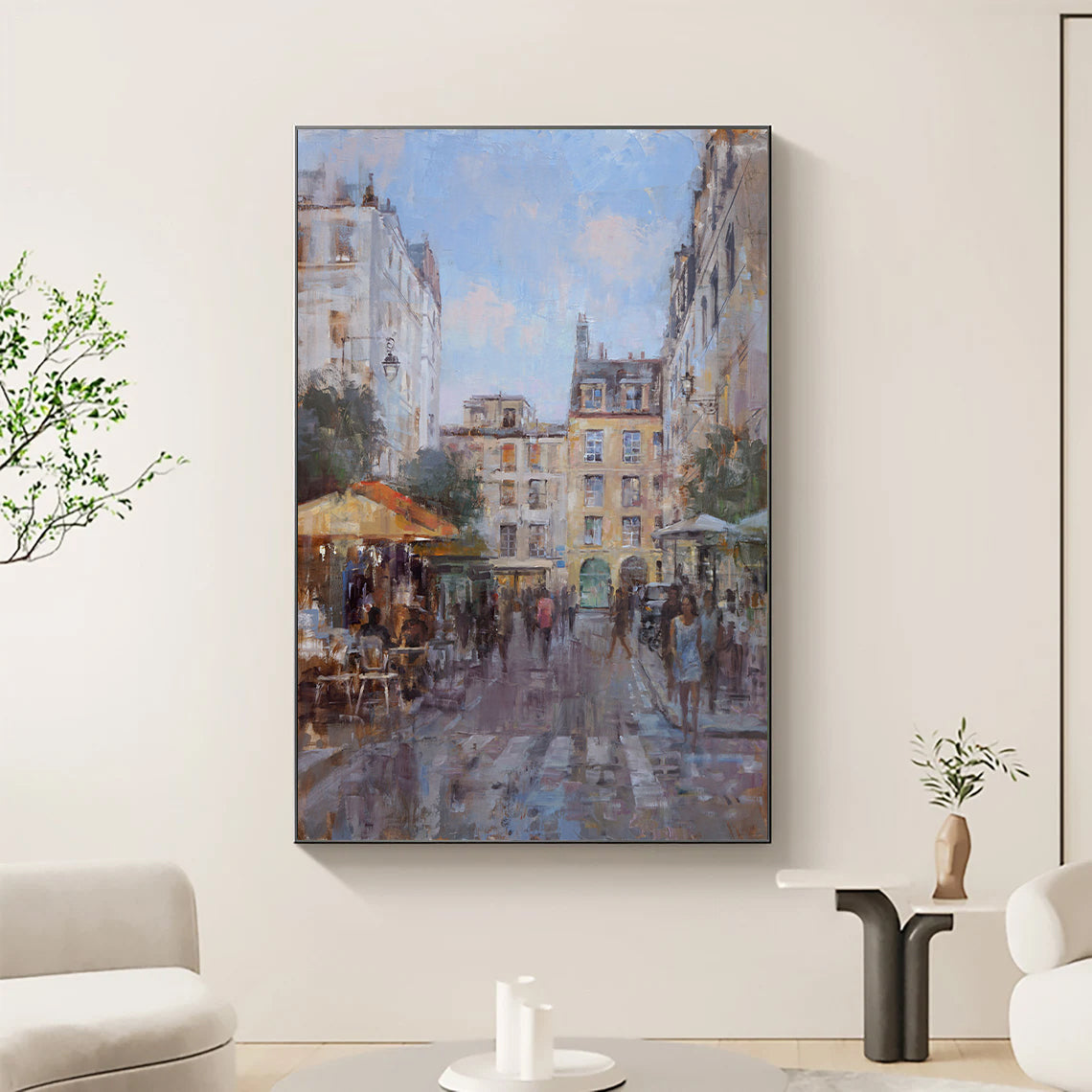 a painting of people walking down a city street