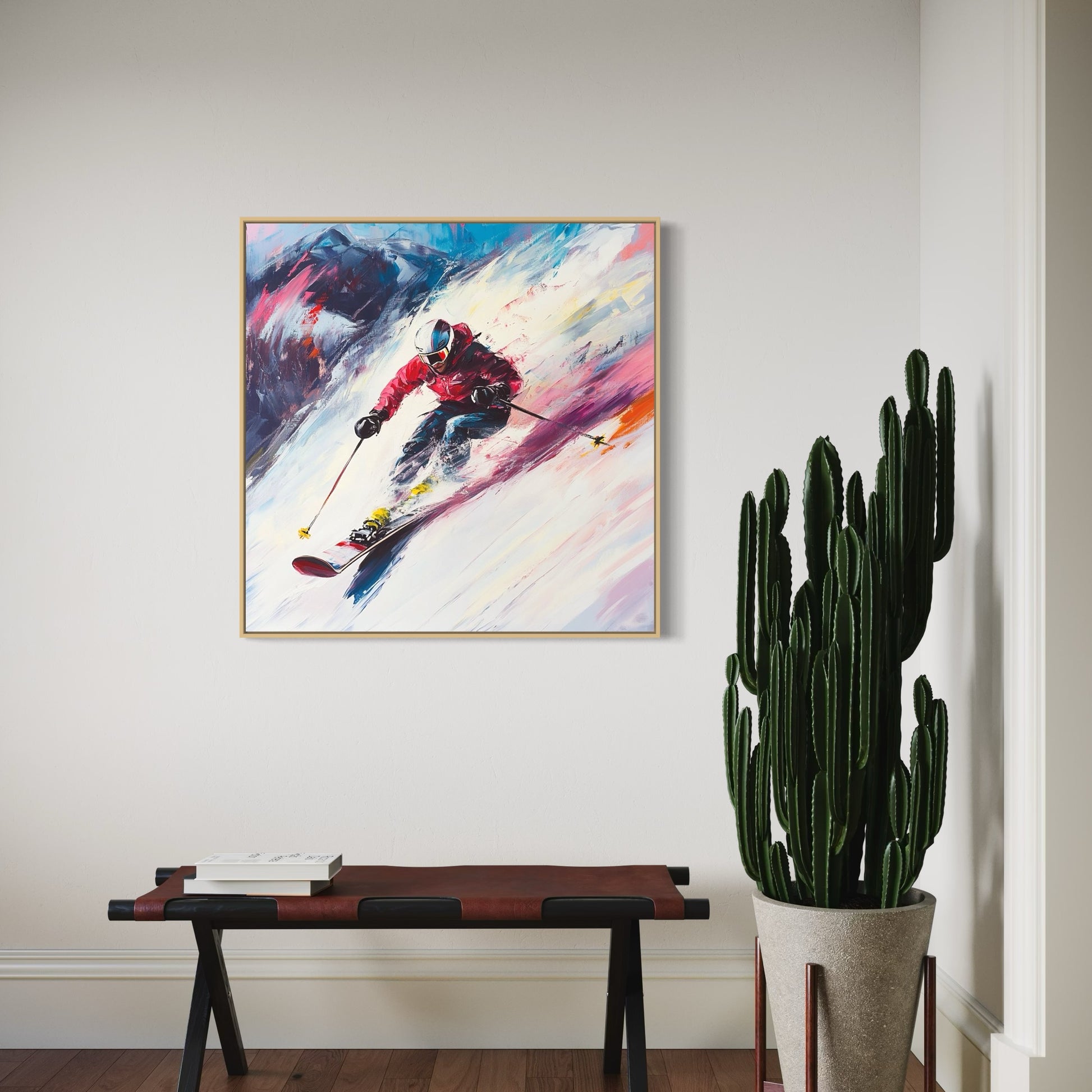 a painting of a skier on a wall above a table