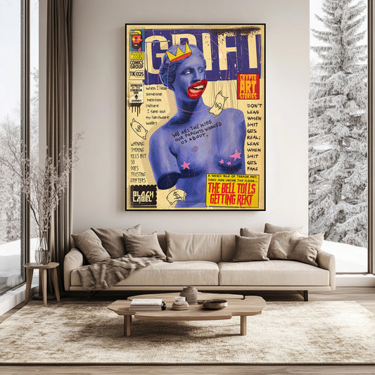 a living room with a couch and a painting on the wall