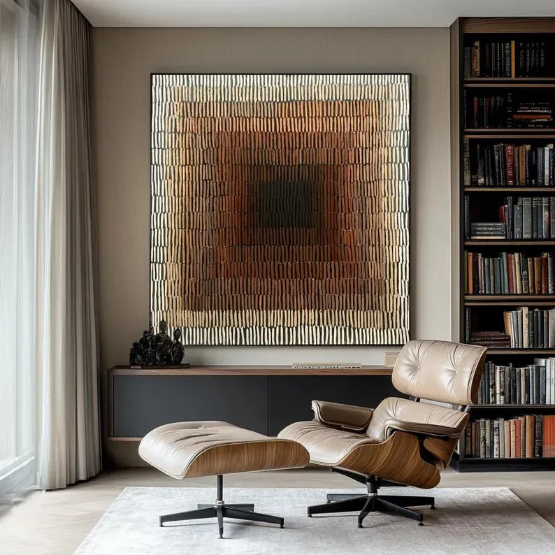 a modern living room with a large abstract painting on the wall, a leather chair, and a wooden side table.