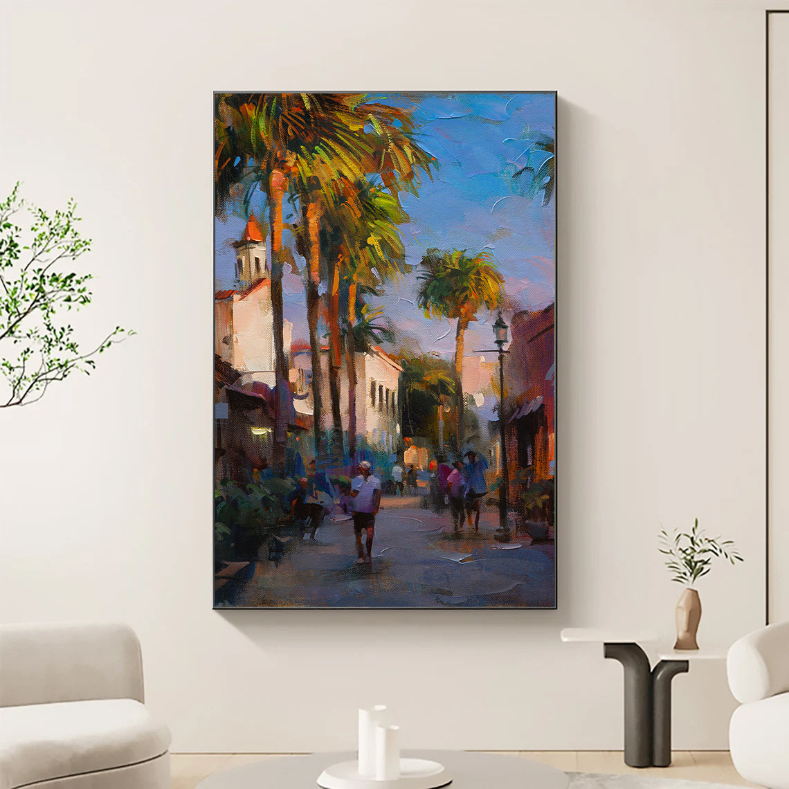 a painting of people walking down a street