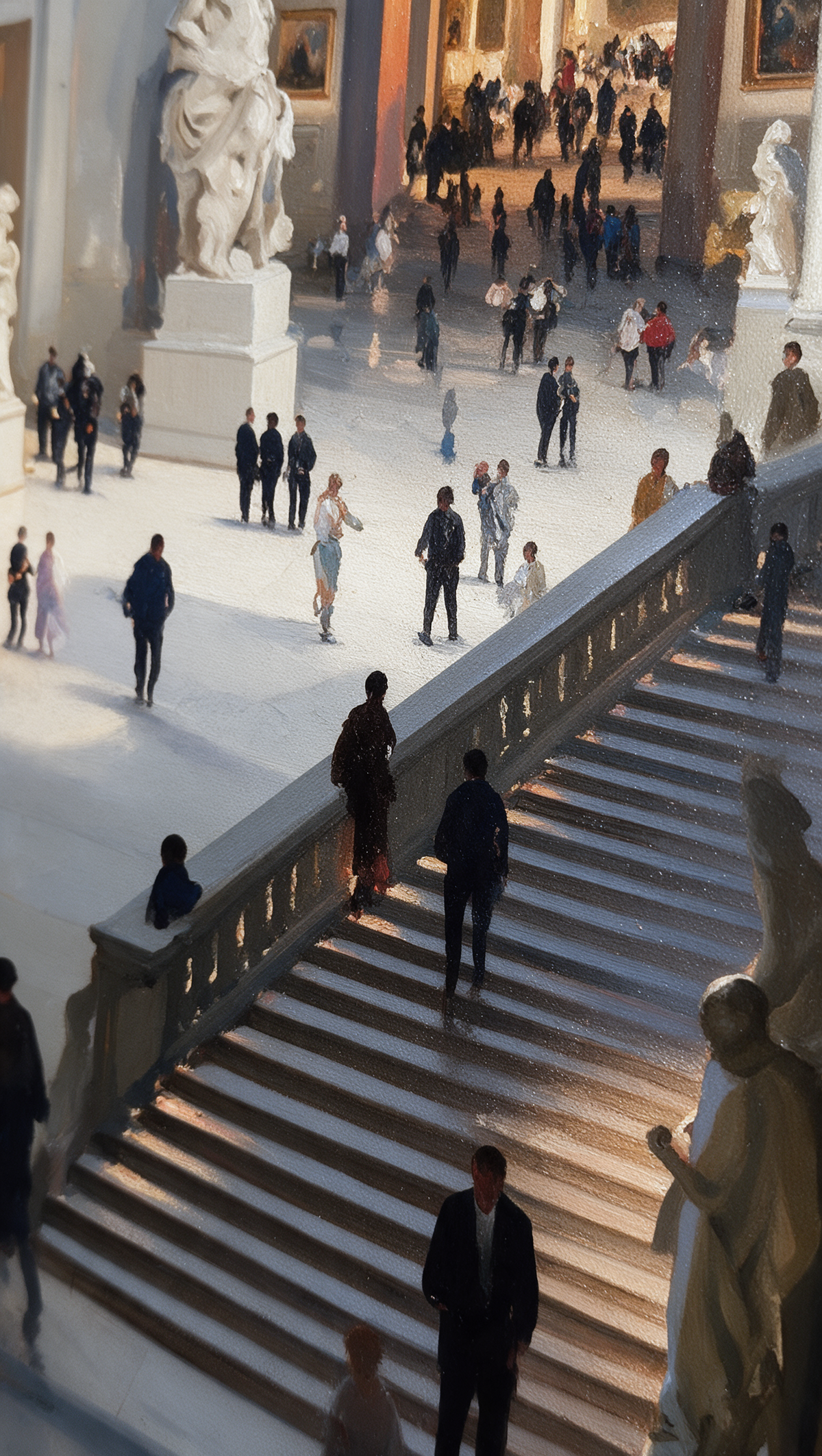 a crowded scene with people walking up and down a set of stairs, surrounded by ornate architectural elements such as statues and columns.