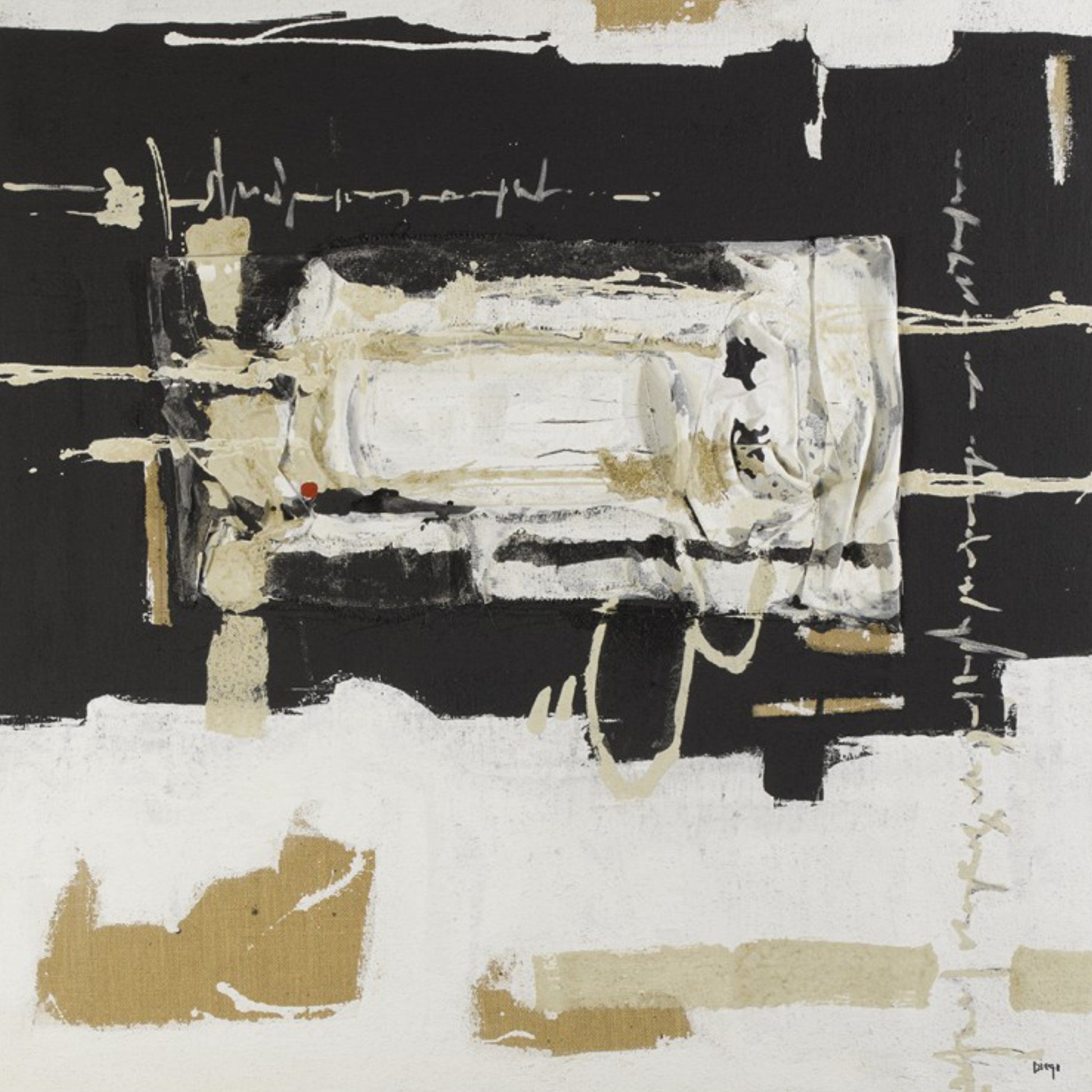 an abstract painting with black, white, and gold colors