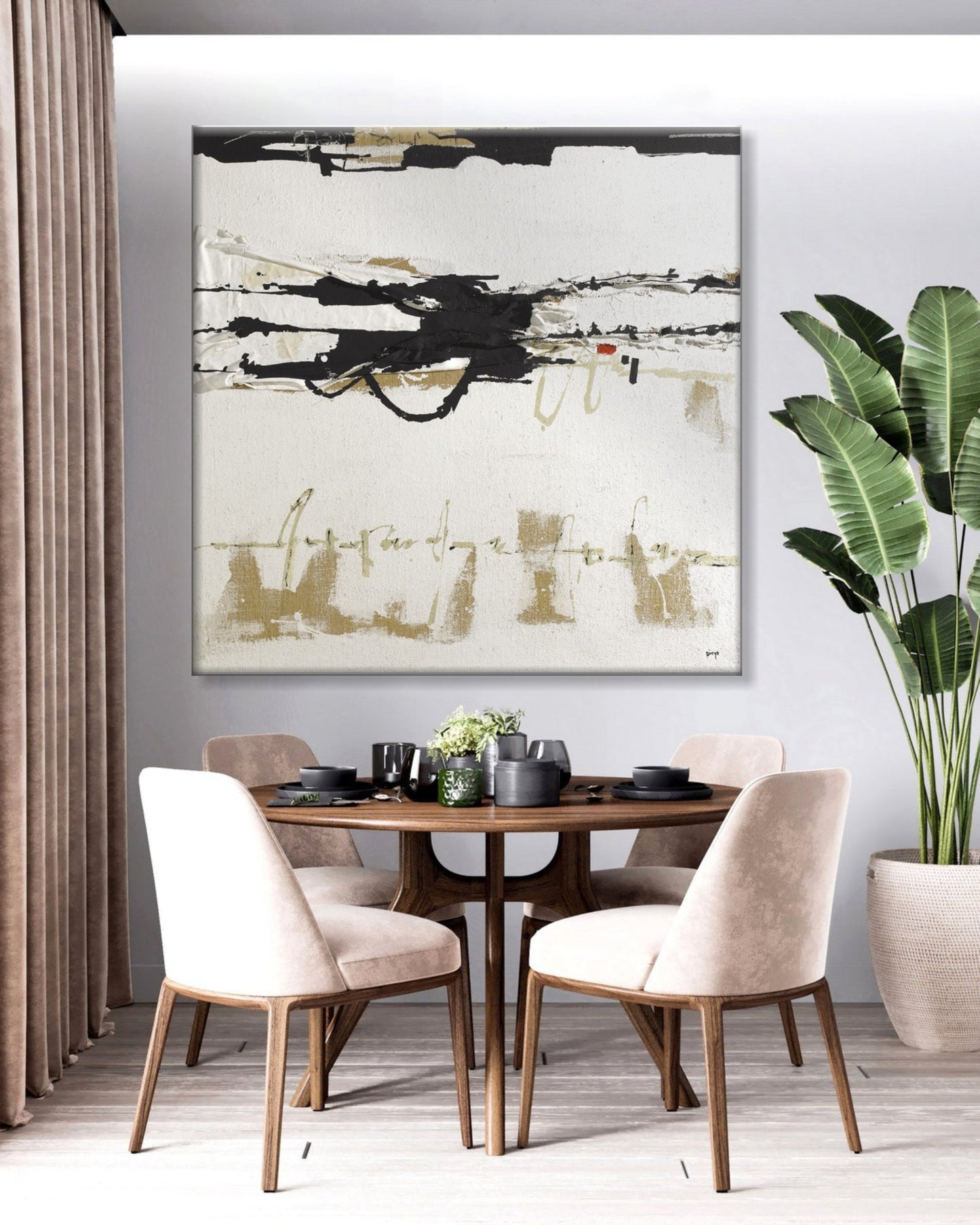 a dining room table with chairs and a painting on the wall