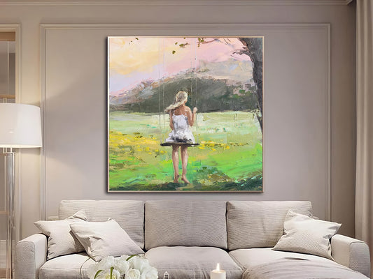 a painting of a woman standing in a field