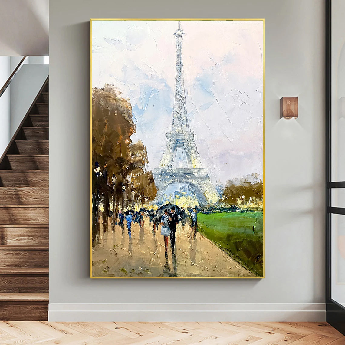 a painting of people walking in front of the eiffel tower