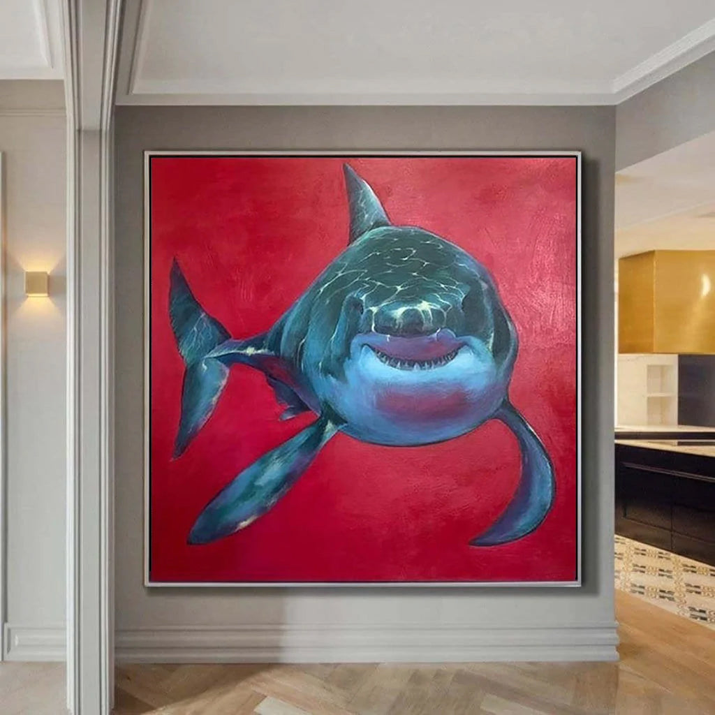 a painting of a shark on a red background