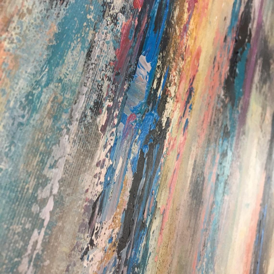 The image is an abstract painting with a vibrant mix of colors and brushstrokes, creating a dynamic and energetic visual experience.