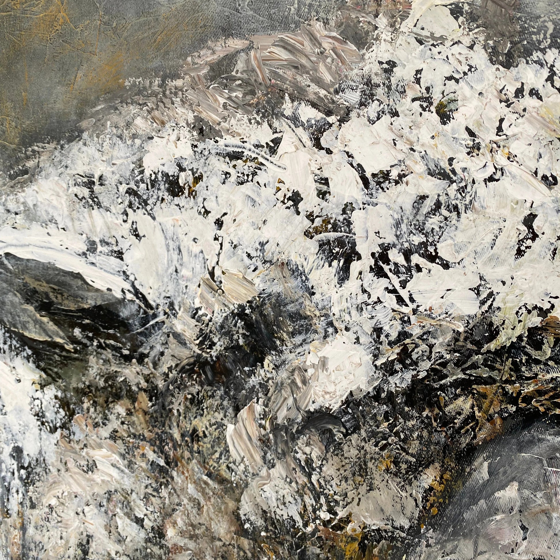 The image is an abstract painting with a mix of white, black, and gray colors, creating a textured and dynamic visual effect.